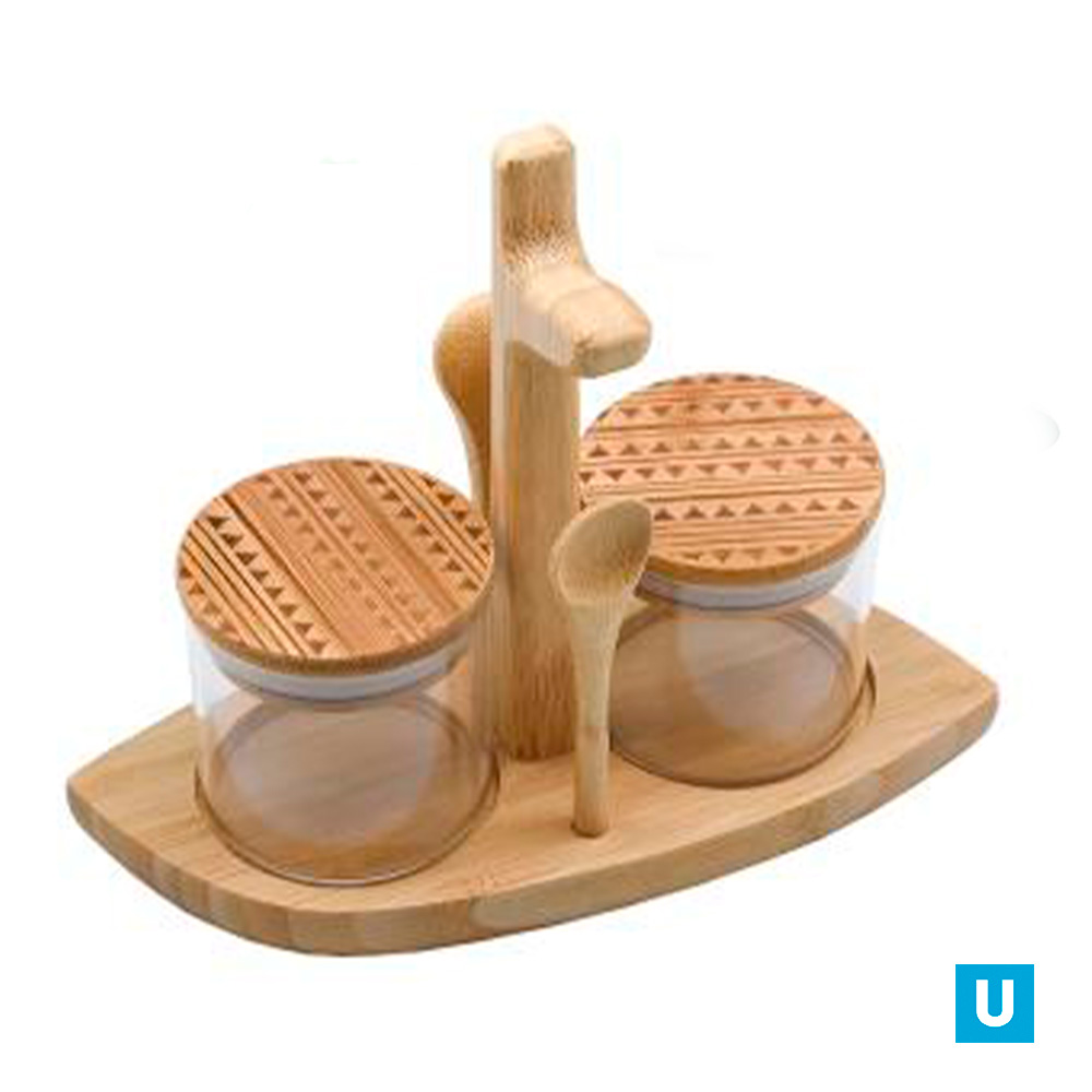 Набор д/специй 3пр (солонка+перечница+подставка) бамбук 20,3*18*9см №9